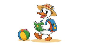 A Cute Cartoon Duck Enjoying Summer Reading with Beach Ball and Backpack vector