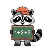 Cute Cartoon Raccoon Learning Math with Chalkboard and Baseball Cap On white Background vector