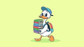 Cute Cartoon Duck Student Carrying Stack of Books for School with Solid background vector