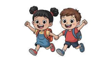 Happy cartoon school kids running hand in hand with backpacks on white background vector