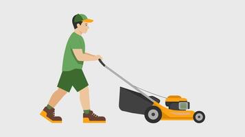 A Man Mowing Lawn with Push Mower Flat Style Illustration. vector