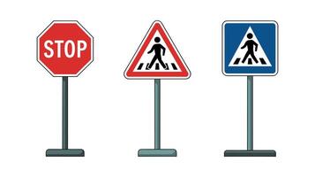 Set of traffic signs including stop, pedestrian warning, and information signs vector