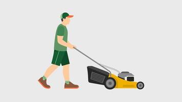 Man Mowing Lawn with Push Mower Flat Style Illustration. vector