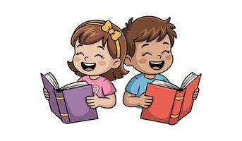 Happy cartoon kids reading books together with big smiles vector