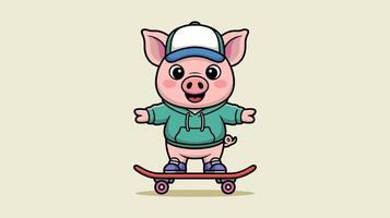 Cute Cartoon Pig Skater in a Hoodie With Solid Background. vector