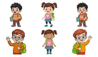 Set of happy cartoon school children with backpacks and books in cute outfits vector