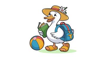 Cute Cartoon Duck Enjoying Summer Reading with Beach Ball and Backpack vector