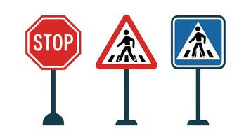 A Set of traffic signs including stop, pedestrian warning, and information signs vector