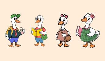 Cute Cartoon Ducks and Goose Students with Books and Backpacks vector