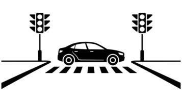 Side view of a car at a traffic light with pedestrian crosswalk in black and white vector
