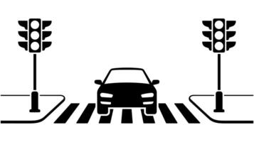 Black and white of a car at a pedestrian crosswalk with traffic lights vector