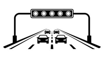 Black and white of multiple cars on highway under overhead traffic signal vector