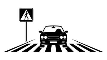 A Black and white of a car approaching pedestrian crossing with road sign vector