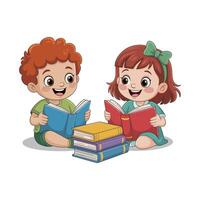 Cartoon kids sitting and reading books with a stack of colorful books vector