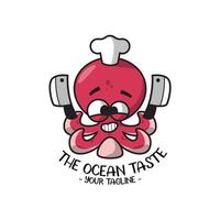 SMILING RED PCTOPUS CHEF IS HOLDING KNIVES CARTOON LOGO vector