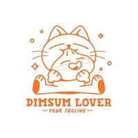 KAWAII CAT IS EATING A SMILING DIMSUM CARTOON LOGO DESIGN vector