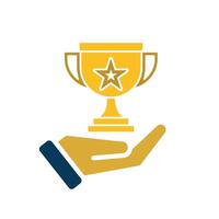 education icon. learning result or trophy in hand. gold trophy with star in the middle. smart, learning, clever. Flat design style vector