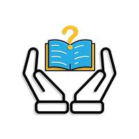 education icon. question or issue in two hand. book or paper question mark. smart, learn, clever. Outline design style vector