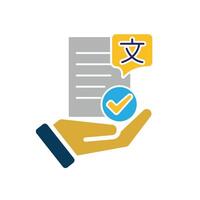 education icon. literature in hand. paper or article with multi language symbol and check mark. smart. Flat design style vector