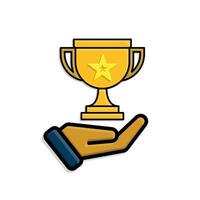 education icon. learning result or trophy in hand. gold trophy with star in the middle. smart, learning, clever. isometric design style vector