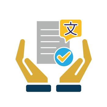 education icon. literature in two hand. paper or article with multi language symbol and check mark. smart. Flat design style vector