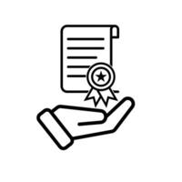 education icon. scholarship in hand. slightly rolled paper with award certificate or ribbon. smart, study, clever. Outline vector