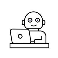 ai icon. AI Personal Assistant. Virtual coworker. Humanoid bot on desk with laptop. UI, education. outline design style vector