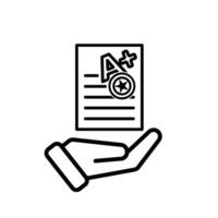 education icon. Live Grade and Report Card. A plus grade sheet with a stamp icon in hand. smart, learning, clever. Outline design vector