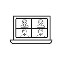 Remote Work. conference icon. Monitor screen divided into 4 avatar faces. collaboration. outline design style vector