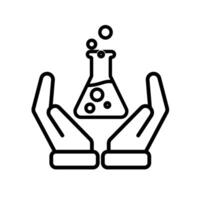 education icon. science experiment in two hand. beaker with liquid. Smart, clever. Outline design vector
