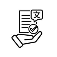 education icon. literature in hand. paper or article with multi language symbol and check mark. smart, learn, clever. Outline vector