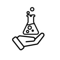 education icon. science experiment in hand. beaker with liquid. smart, learning, clever. Outline vector