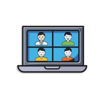 Remote Work. conference icon. Monitor screen divided into 4 avatar faces. collaboration. isometric design style vector