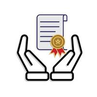 education icon. scholarship in two hand. slightly rolled paper with award. smart, study, clever. Mixed design style vector
