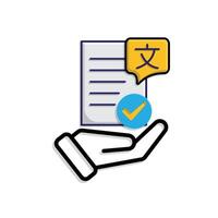 education icon. literature in hand. paper or article with multi language symbol and check mark. smart, learn, clever. Mixed design style vector