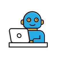 ai icon. AI Personal Assistant. Virtual coworker. Humanoid bot on desk with laptop. UI, education. mixed design style vector