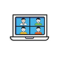 Remote Work. conference icon. Monitor screen divided into 4 avatar faces. collaboration. Mixed design style vector