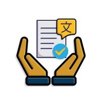 education icon. literature in two hand. paper or article with multi language symbol and check mark. clever. isometric design style vector