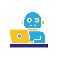 ai icon. AI Personal Assistant. Virtual coworker. Humanoid bot on desk with laptop. UI, education. flat design style vector