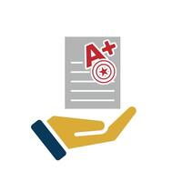 education icon. Live Grade and Report Card in hand. A plus grade sheet with a stamp icon. smart. Flat design vector