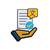 education icon. literature in hand. paper or article with multi language symbol and check mark. clever. isometric design style vector