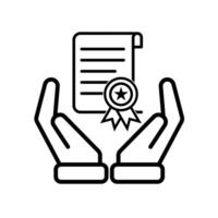 education icon. scholarship in two hand. slightly rolled paper with award certificate or ribbon. smart, study, clever. Outline vector
