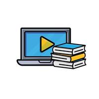 education icon. education laptop. open laptop with play button and stack of books. smart. isometric design style vector