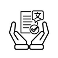 education icon. literature in two hand. paper or article with multi language symbol and check mark. smart, learn, clever. Outline vector