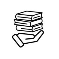 education icon. book or ebook in hand. three stacked books. clever. Outline style vector