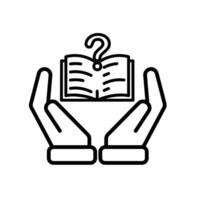 education icon. question or issue in two hand. book or paper question mark. smart, clever. Outline vector