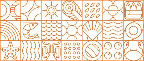Seafood food line pattern, mosaic tile vector