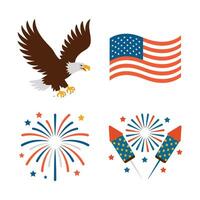 A soaring eagle, american flag, and fireworks celebrate independence day, isolated on white background vector