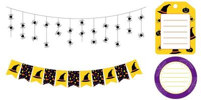 Halloween garlands and stickers in purple orange black and yellow. Round square and rectangular labels with spooky themes. decorations for party packaging scrapbooking and design. vector