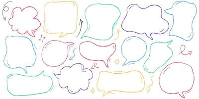 Crayon style hand drawn speech bubbles and talk clouds for text. Cute pastel dialog frames and doodle balloons for kids. Chalk line cartoon boxes with handwriting effect from Japanese design. vector